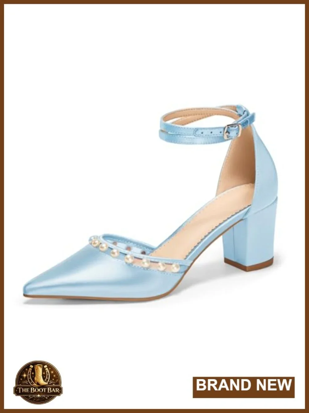 Pearl Embellished Chunky Heel Satin Pumps with Ankle Strap